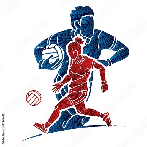 Gaelic Football Male and Female Players Sport Mix Action Cartoon Graphic Vector