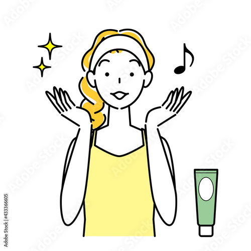 スキンケア 両手で顔を包み込み美容液を肌になじませている女性 イラスト シンプル ベクター