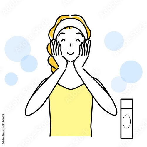 スキンケア 両手で顔を包み込み美容液を肌になじませている女性 イラスト シンプル ベクター