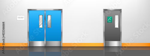 Empty corridor with double doors to hospital room, laboratory or restaurant kitchen. Vector cartoon interior of hall in medical clinic, waiting area or lobby with doors to lab and to stairs