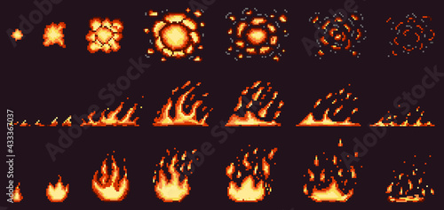 Pixel fire animation. Red hot flame, burning effect fire border and fiery explosion vector illustration set. Pixelated 8 bit game fire flames steps
