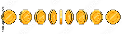 Pixel art coin animation. Game ui golden coins rotation stages, pixel game money animated frames vector illustration. Gold 8 bit coins animation