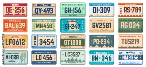 Car number plates. Vehicle use states license registration plates, retro automobile license plates vector illustration set. Car registration signs