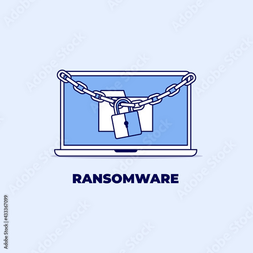 Laptop information locked with chain and padlock. Ransomware line icon design.