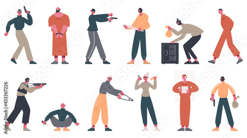 Criminal characters. Thieves, crooks and robbers commit crime, arrested prisoners in uniform vector illustration set. Prisoners and criminals