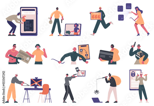 Cyber criminals. Hacker criminal characters, data stealing, internet fraud and security system hacking vector illustration set. Internet hacking criminals