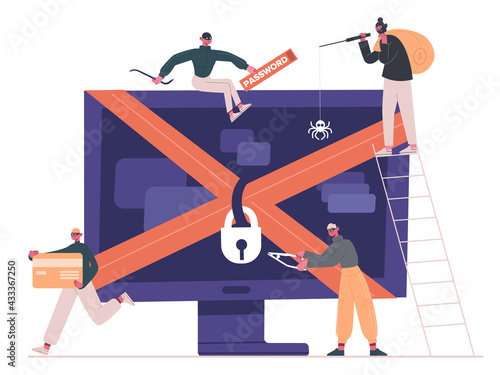 Cyber criminals and hackers. Internet criminals, crackers and robbers attacking computer isolated vector illustration. Hacker internet activity concept