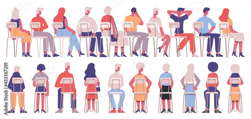 Sitting people back view. Students or business training audience, characters view from back sitting on chairs vector illustration set. People sit back