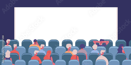 People in cinema. Movie theatre male and female characters view from back vector illustration. Men and women watching movie back view