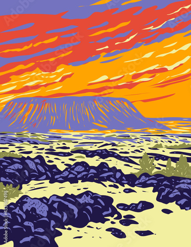 WPA Poster Art of Amboy Crater, an extinct cinder cone volcano in Mojave Desert within Mojave Trails National Monument California in works project administration style or federal art project style.