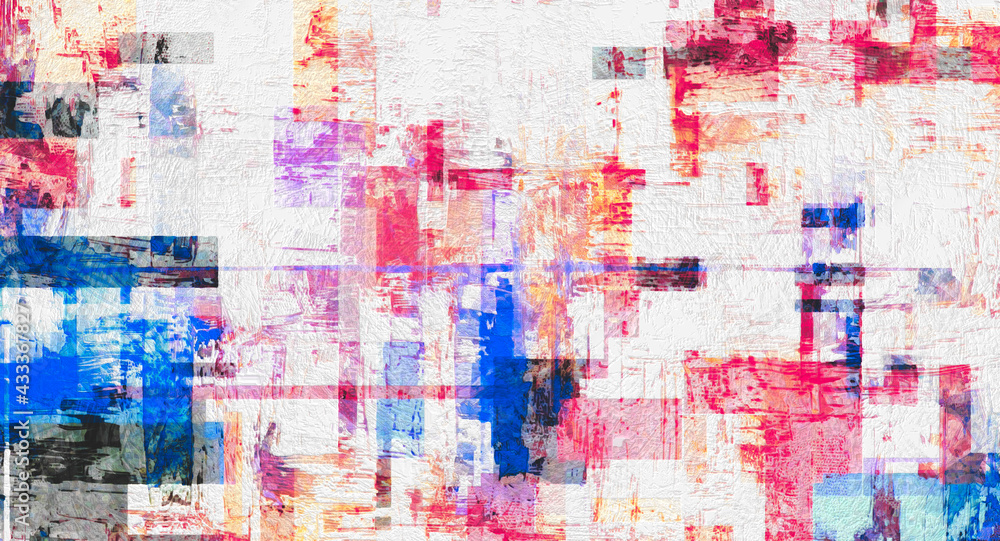 Extra large digital artwork in sand, blue, peach and pink contemporary style. Contemporary art with weathered, worn out rectangles, abstract painting