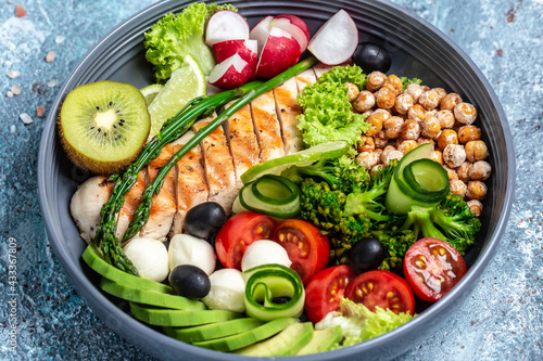 Fototapeta Naklejka Na Ścianę i Meble -  Trendy salad. Chicken grilled fillet with salad fresh vegetables and fruits, ketogenic diet lunch concept, banner, menu recipe place for text, top view