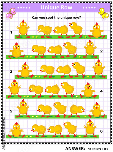 
Spring themed visual puzzle: Can you spot the unique row of feeding chicks? Answer included.

