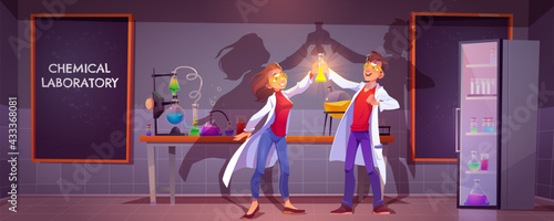 Happy chemists in chemical laboratory holding glass flask with glow liquid doing scientific research in class with science equipment tubes, beakers and blackboard on wall cartoon Vector illustration
