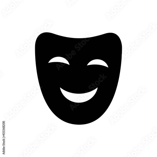 Comedy or comic face mask solid black icon. Happy mood silhouette. Trendy flat isolated symbol, sign for: illustration, logo, mobile, app, design, web, dev, ui, ux. Vector EPS 10