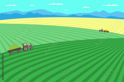Farm and agriculture. Rural landscape with field, trees, grass, flowers . Eco clean area with blue sky, mountains and clouds. Village in the summer. Vector flat illustration.