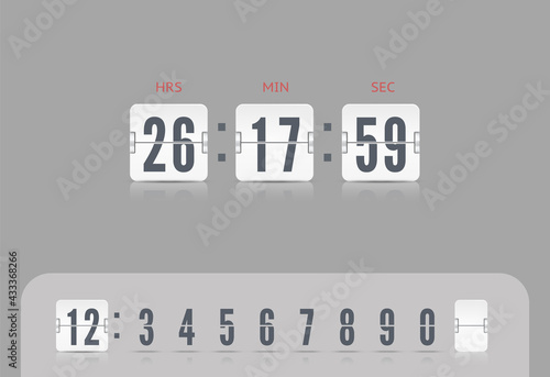 Vector illustration template. White scoreboard number font with reflections isolated on gray. Vector coming soon web page design template with flip time counter. photo