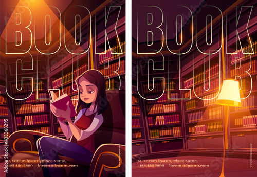 Book club posters with library interior and girl reads in chair. Group meeting for reading and talk about literature. Vector flyer with cartoon illustration of woman, bookcases and lit floor lamp