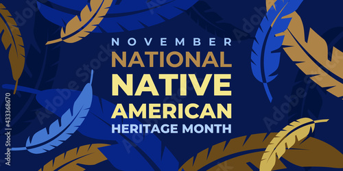 Native american heritage month. Vector banner, poster, card, content for social media with the text National native american heritage month. Background with a national ornament, a pattern of feathers.