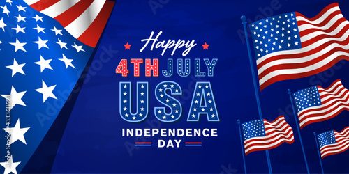 United States of America, USA, Happy 4th of July, independence day modern trendy design with 3d star lettering, typography design on blue, USA, united states of American waving flag banner background,