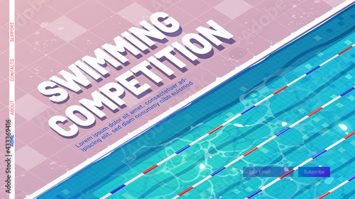 Swimming competition cartoon landing page. Sport pool, top view with blue ripped water, ceramics floor and lanes or paths for dip. Empty reservoir for sports activity and training, vector web banner