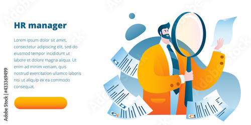 HR Manager uses a magnifying glass to view various resumes. Vector illustration in flat style. Template for a horizontal banner.