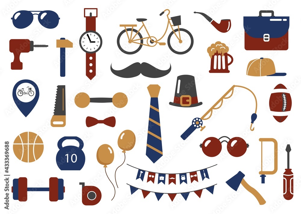Set of elements for the holiday Father's Day. Flat style. White background, isolate. Vector illustration. Set of elements for the holiday Father's Day. Flat style. White background, isolate. Vector illustration.