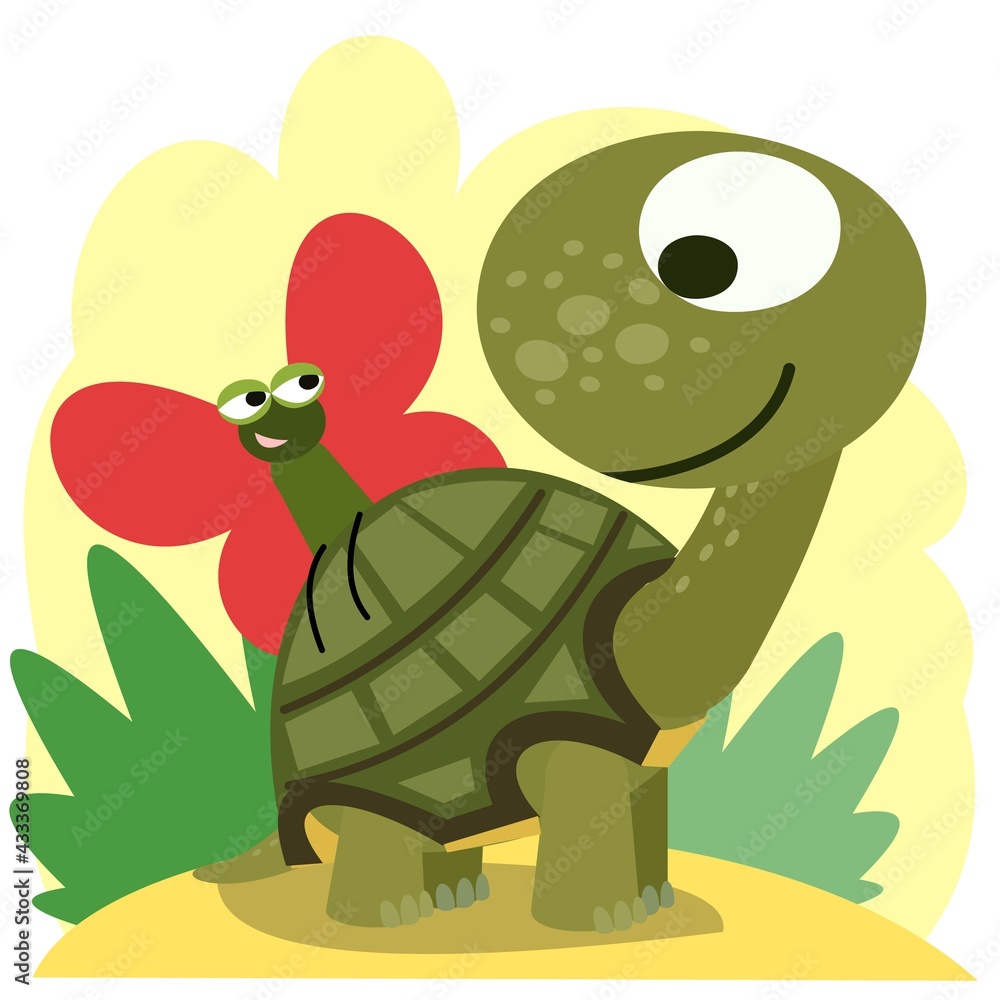 Obraz premium Cute little baby turtle. Funny animal. Having fun and playing with a butterfly. The isolated object on a white background. Flat style. Vector.