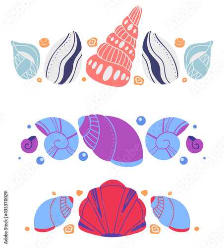 Set of spacers with seashells, sand and bubbles. Vector ocean design element. Hand drawn flat baby marine text delimiters for article, invitation and card. Vector molluscs and shells with decoration