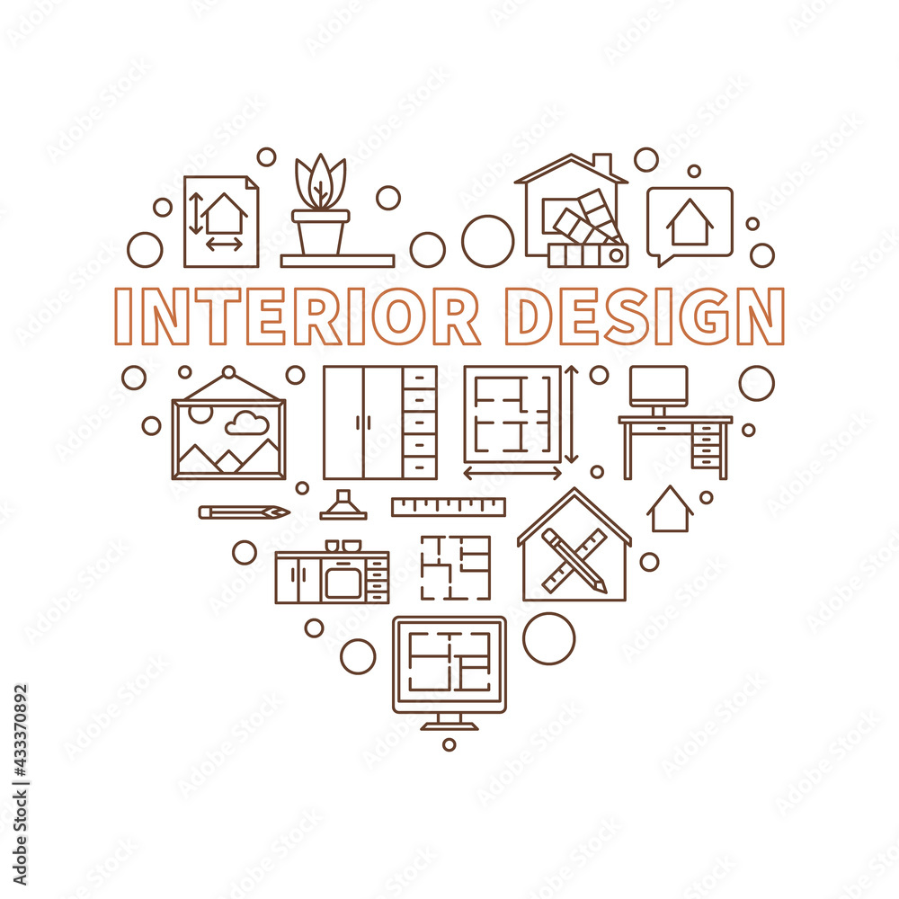 Interior Design vector heart shaped outline illustration