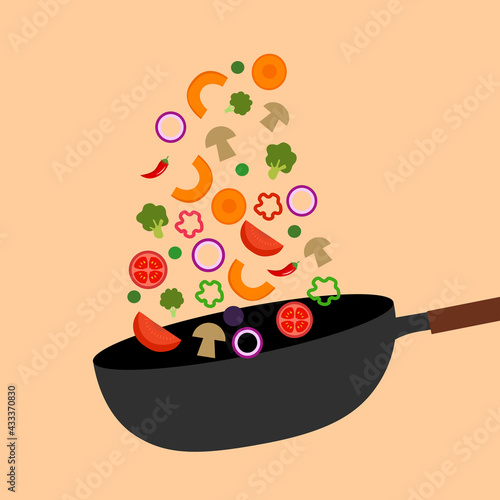 Frying Vegetables in Asian wok. Cooking healthy food in frying pan vector.