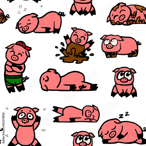 Pigs and piglets. Seamless illustration. Cartoon sketch style. Hand outline drawing cheerful funny animal. vector
