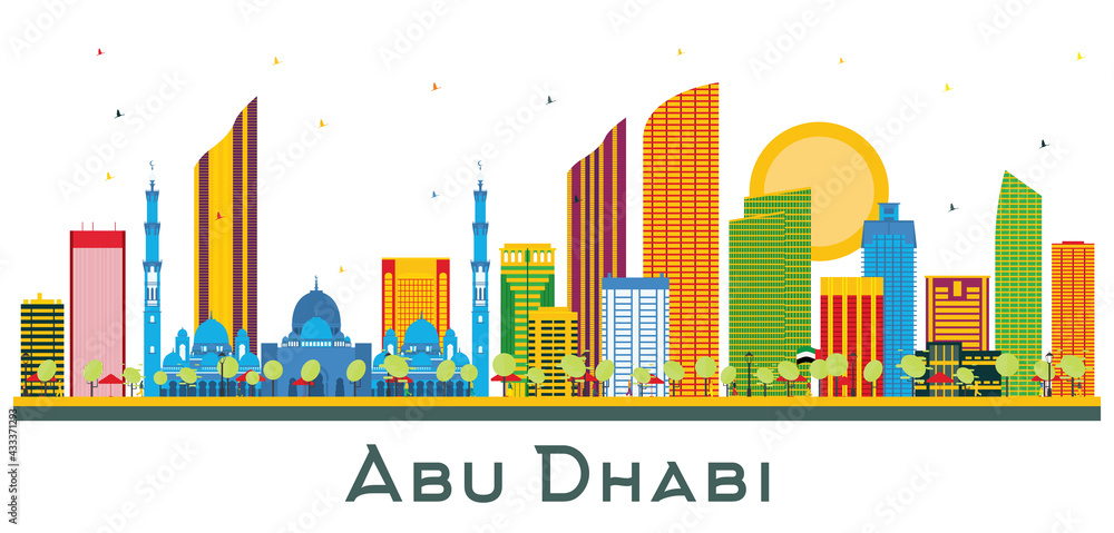 Abu Dhabi UAE City Skyline with Color Buildings Isolated on White.