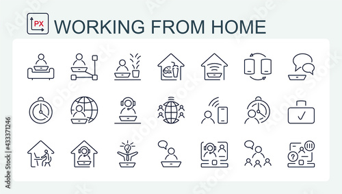 A set of vector icons for work at home and in the office, freelancing from a thin line.