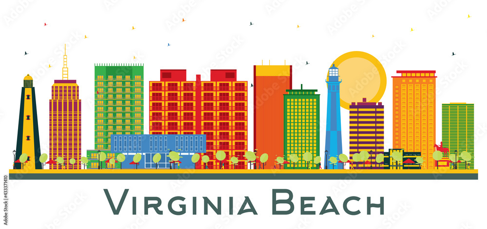 Virginia Beach USA City Skyline with Color Buildings Isolated on White.