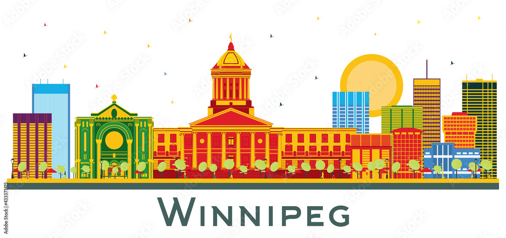 Winnipeg Canada City Skyline with Color Buildings Isolated on White.