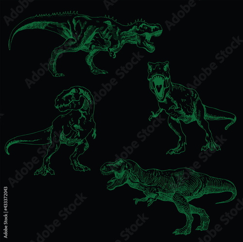 Vector image of a set of dinosaurs in the style of art outline