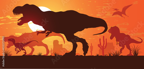 vector image of a herd of tyrannosaurs racing for prey against the backdrop of the setting sun