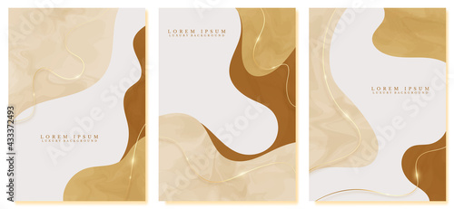 Hand drawn abstract luxury cover design set with golden lines sparkle on yellow pastel background. Minimal trend modern concept. Vector illustration.