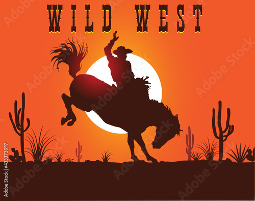 vector image of a cowboy on a horse on the background of the setting sun wild west
