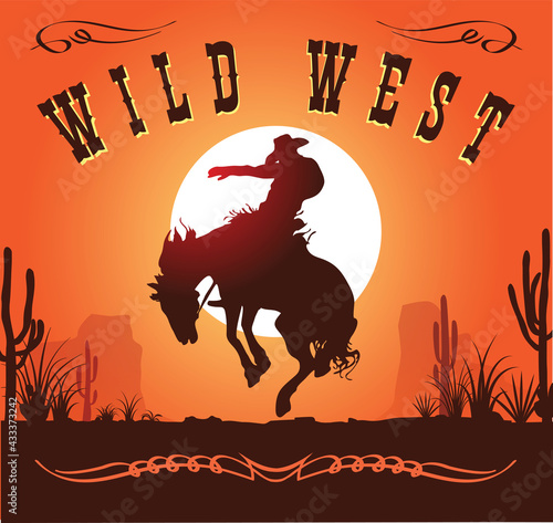 vector image of a cowboy on a horse on the background of the setting sun wild west
