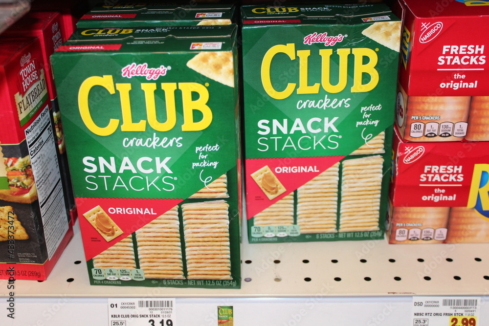 Kellogg's club crackers shot closeup on a metal shelf at a Dillons