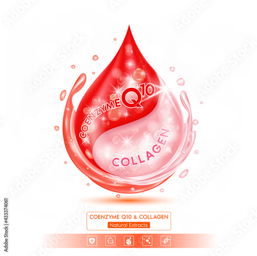 Drop pink collagen solution serum and red coenzyme Q10. Natural extracts. On white background. Hyaluronic acid skin care ad. 3D Realistic Vector EPS10.