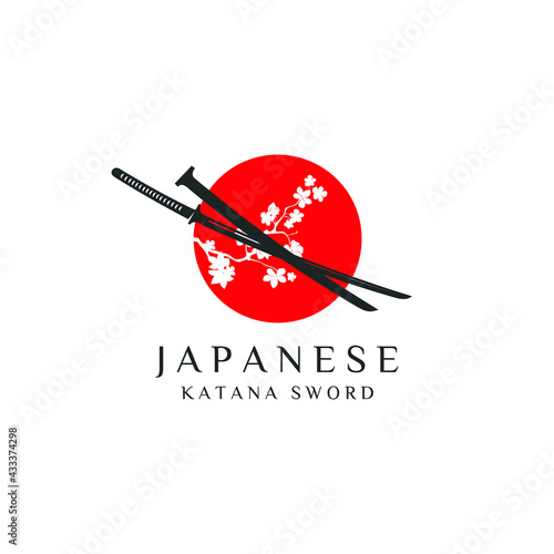 traditional samurai sword and blooming sakura branches - katana and japanese red sun vector design
