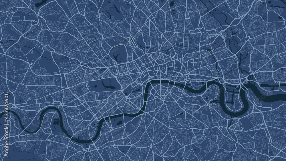 Blue London city area vector background map, streets and water cartography illustration. - obrazy, fototapety, plakaty 