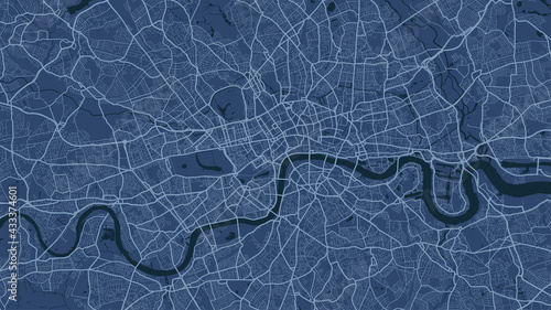 Blue London city area vector background map, streets and water cartography illustration.