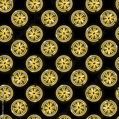 Neon lemon slices seamless pattern with fruits icons on a black background. Summer, lemonade, sour, freshness concept. Vector illustration 10 EPS.