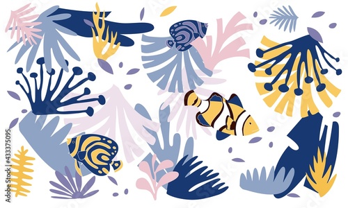 corals and fish for prints and room walls. illustration of shellfish and sea fish. Fish shell pattern for fabric.