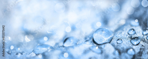 Defocused light blue background with water drops close up