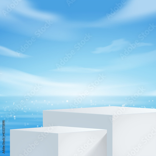 White podium display with palm tree for product presentation, summer beach with blue sea and sky background. © Idol Design
